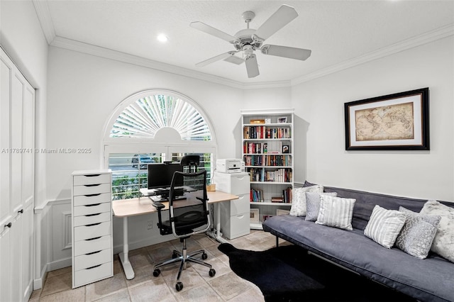 office space with ornamental molding, recessed lighting, and ceiling fan