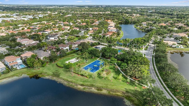 aerial view featuring a water view and a residential view