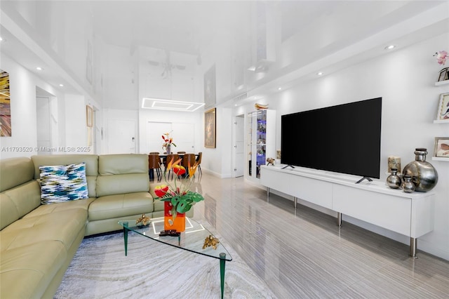 2030 S Ocean Dr Unit 2005, Hallandale Beach, FL 33009 - living area with baseboards, recessed lighting, wood finished floors, and a towering ceiling