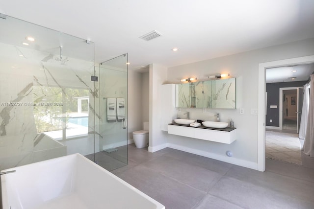 14405 SW 84th Ct, Palmetto Bay, FL 33158 - bathroom with a sink, a marble finish shower, baseboards, visible vents, and a soaking tub