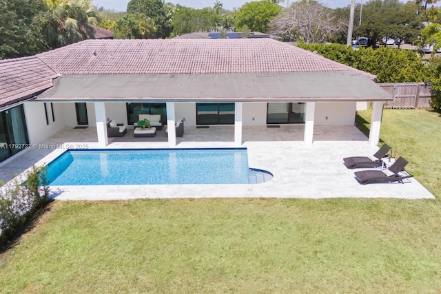 14405 SW 84th Ct, Palmetto Bay, FL 33158 - view of swimming pool with fence, a fenced in pool, an outdoor living space, a patio area, and a yard