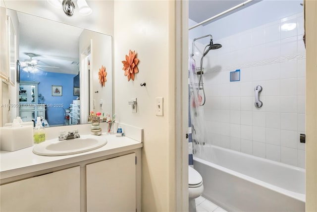 full bath featuring vanity, shower / tub combo with curtain, tile patterned flooring, toilet, and ceiling fan