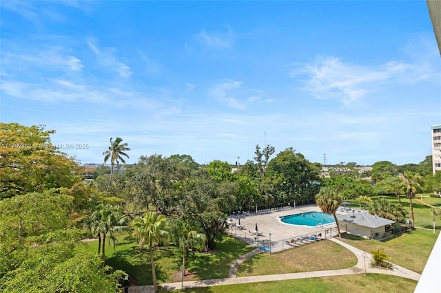 view of pool featuring a yard