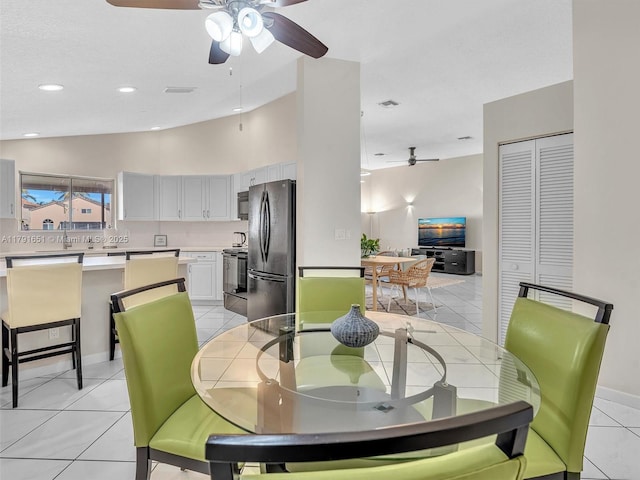dining space with visible vents, baseboards, recessed lighting, a ceiling fan, and light tile patterned floors