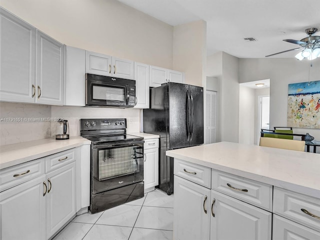 kitchen with light countertops, a ceiling fan, backsplash, visible vents, and black appliances