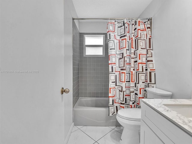 full bath with toilet, marble finish floor, shower / bath combo, and vanity