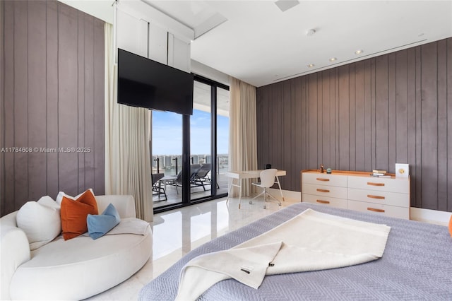 17141 Collins Ave Unit 3002, Sunny Isles Beach, FL 33160 - bedroom featuring access to outside, wooden walls, and expansive windows
