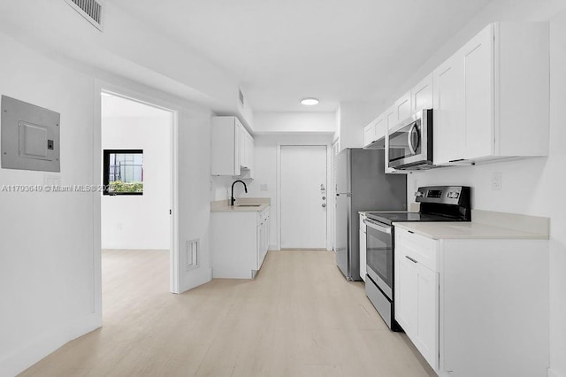 1814 NW 2nd Ct, Miami, FL 33136 - kitchen featuring appliances with stainless steel finishes, electric panel, a sink, light countertops, and white cabinets