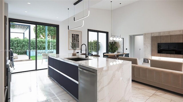 kitchen with stainless steel dishwasher, marble finish floor, light stone countertops, modern cabinets, and a sink