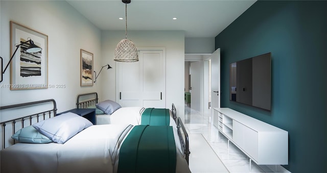 bedroom featuring recessed lighting and marble finish floor