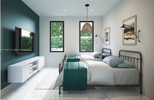 bedroom with recessed lighting, baseboards, and marble finish floor