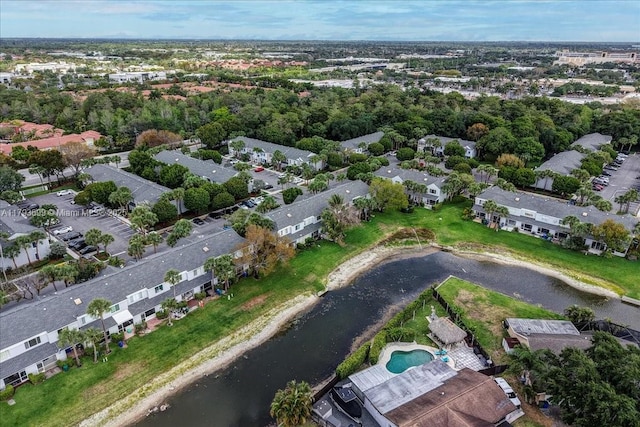 drone / aerial view featuring a water view
