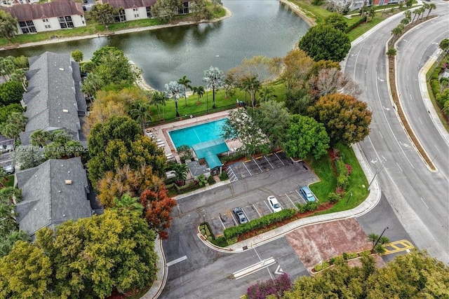 drone / aerial view with a water view