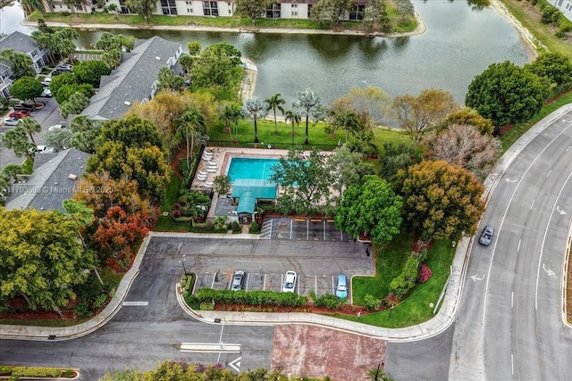 drone / aerial view with a water view