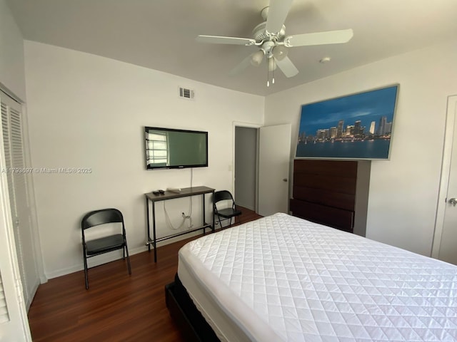 1525 Pennsylvania Ave Unit 5, Miami Beach, FL 33139 - bedroom with a ceiling fan, baseboards, visible vents, and dark wood-type flooring