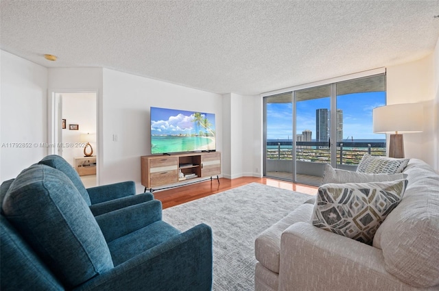 19101 NE 36th Ct Unit 2509, Aventura, FL 33180 - living area featuring baseboards, a textured ceiling, floor to ceiling windows, and wood finished floors