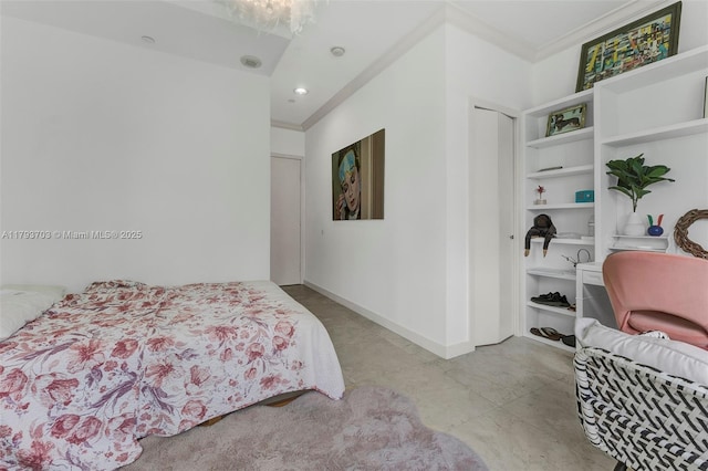 bedroom with crown molding and recessed lighting