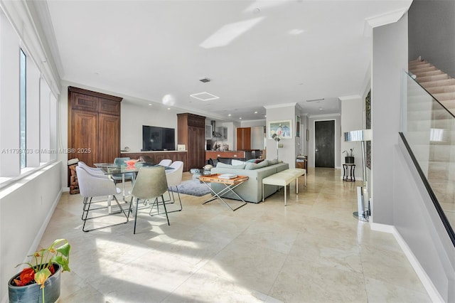 living area with recessed lighting, baseboards, ornamental molding, and stairway