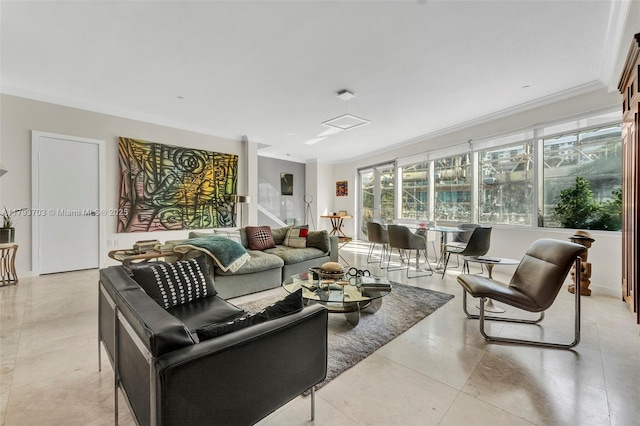 living room featuring ornamental molding