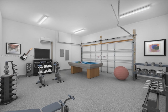 7900 SW 70th St, Miami, FL 33143 - recreation room with a wall mounted air conditioner, electric panel, a garage, and billiards table