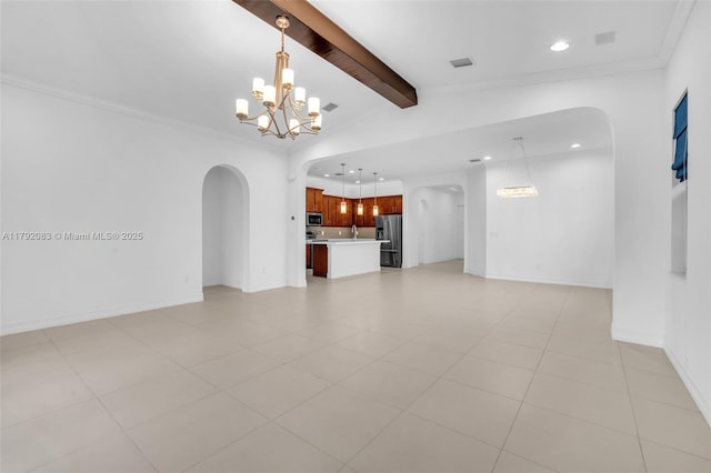 unfurnished living room with arched walkways, a notable chandelier, lofted ceiling with beams, and recessed lighting