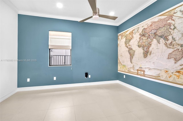 empty room with recessed lighting, ceiling fan, ornamental molding, and baseboards