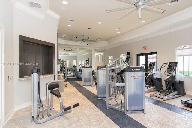 exercise room with crown molding, a ceiling fan, recessed lighting, and visible vents