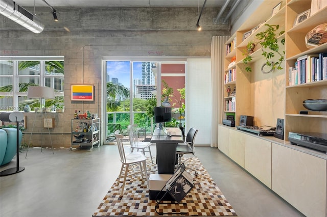 dining room with plenty of natural light, rail lighting, and concrete floors
