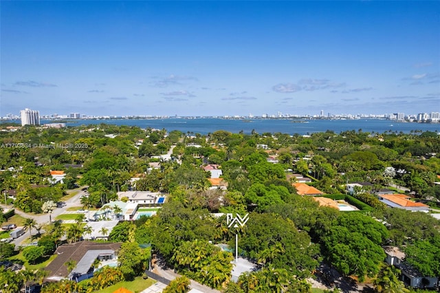 aerial view featuring a water view and a city view