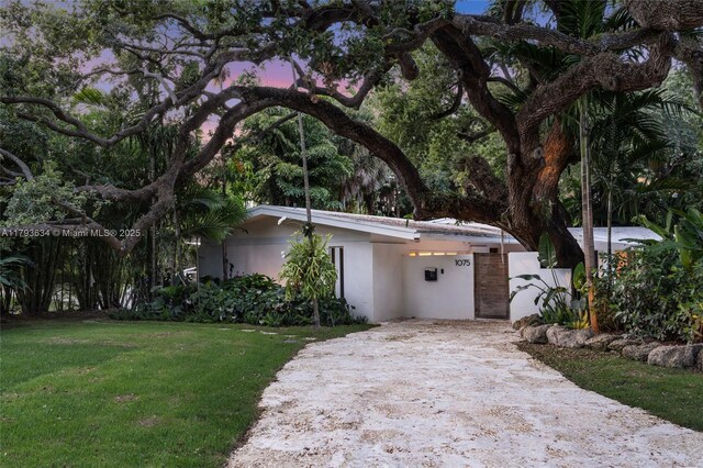 1075 NE 99th St, Miami Shores, FL 33138 - view of front of home with stucco siding, a front yard, and driveway