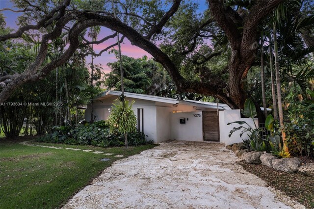 1075 NE 99th St, Miami Shores, FL 33138 - view of front of property with stucco siding, concrete driveway, a carport, and a yard