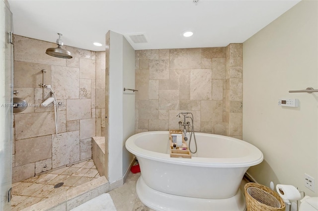 333 Las Olas Way Unit 2401, Fort Lauderdale, FL 33301 - bathroom with recessed lighting, a freestanding tub, visible vents, and a tile shower