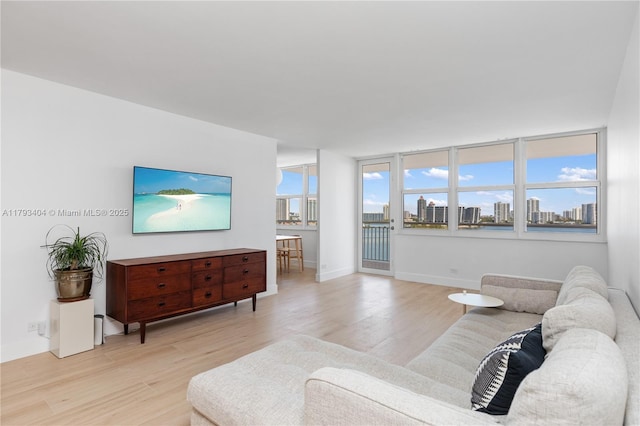 living room with baseboards and light wood-style flooring