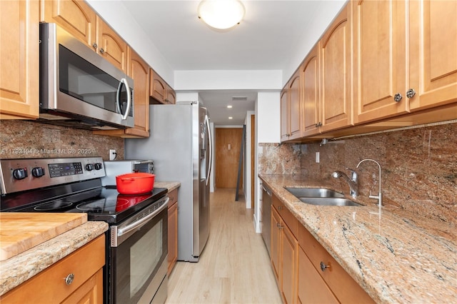 kitchen featuring backsplash, appliances with stainless steel finishes, a sink, light stone counters, and light wood finished floors