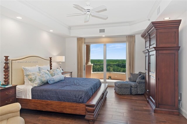 13645 Deering Bay Dr Ph 164, Coral Gables, FL 33158 - bedroom with access to outside, crown molding, dark wood-type flooring, a tray ceiling, and recessed lighting