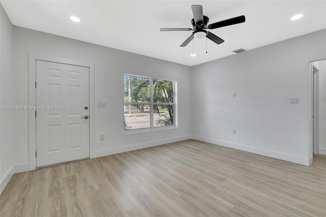 unfurnished living room featuring visible vents, baseboards, light wood-type flooring, recessed lighting, and a ceiling fan