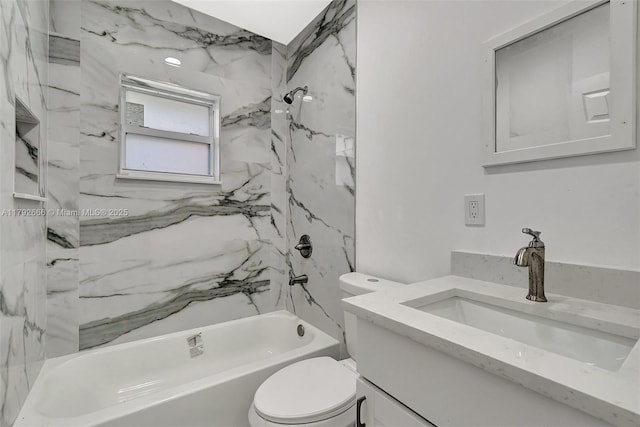 bathroom featuring shower / bathtub combination, toilet, and vanity