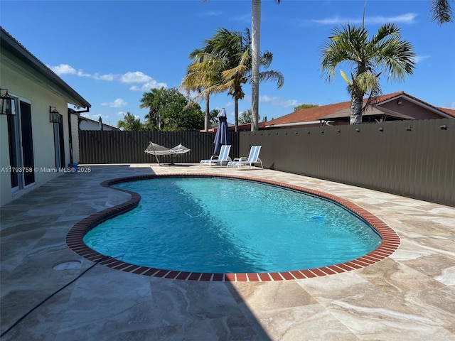 view of pool with a fenced backyard, a fenced in pool, and a patio