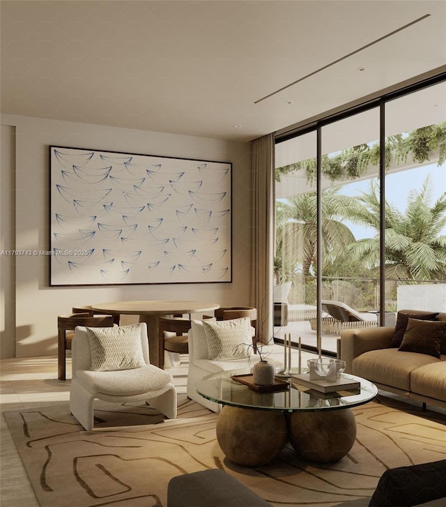 living area with a wall of windows