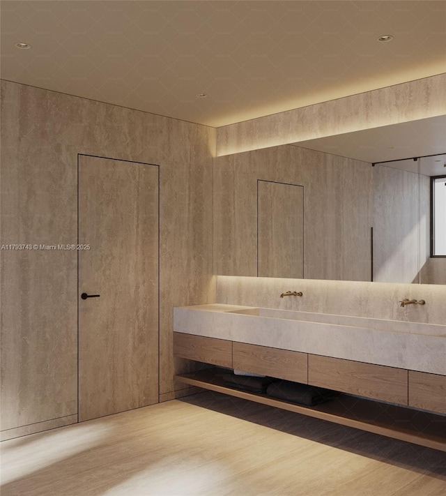 view of sauna with wood finished floors
