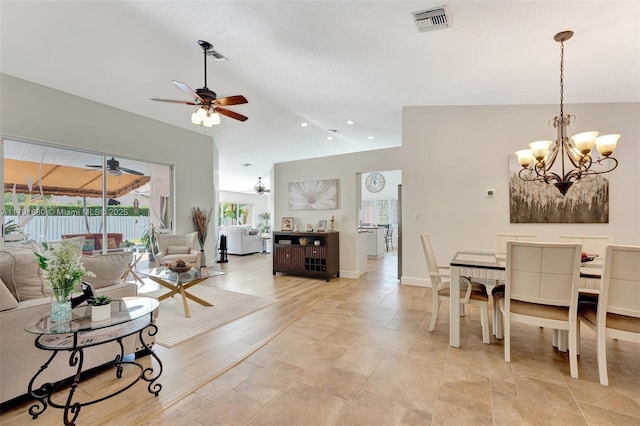 5133 N Springs Way, Coral Springs, FL 33076 - living area with ceiling fan with notable chandelier, lofted ceiling, recessed lighting, and visible vents
