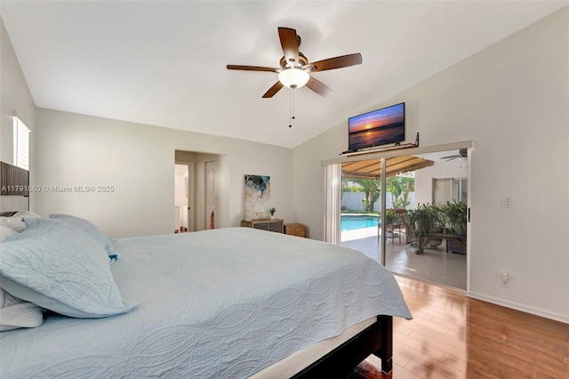 5133 N Springs Way, Coral Springs, FL 33076 - bedroom featuring access to outside, ceiling fan, high vaulted ceiling, baseboards, and wood finished floors