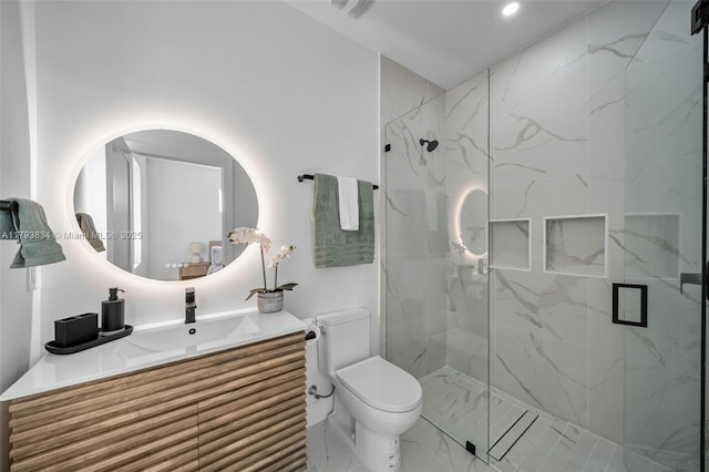 932 Alcalde St E, Lehigh Acres, FL 33974 - full bathroom featuring vanity, toilet, a marble finish shower, marble finish floor, and recessed lighting