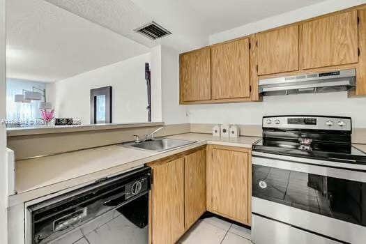 15430 SW 82nd Ln Unit 625, Miami, FL 33193 - kitchen featuring a sink, stainless steel electric stove, visible vents, dishwasher, and under cabinet range hood