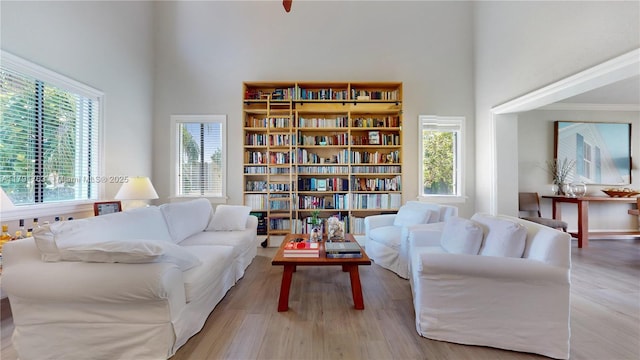living area featuring a high ceiling, ornamental molding, and wood finished floors