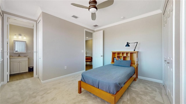 bedroom with crown molding, baseboards, carpet, and visible vents