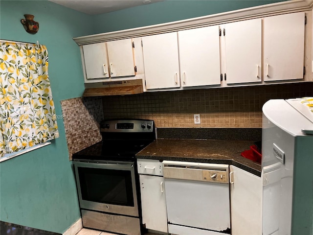 kitchen featuring electric range, fridge, white dishwasher, under cabinet range hood, and white cabinets