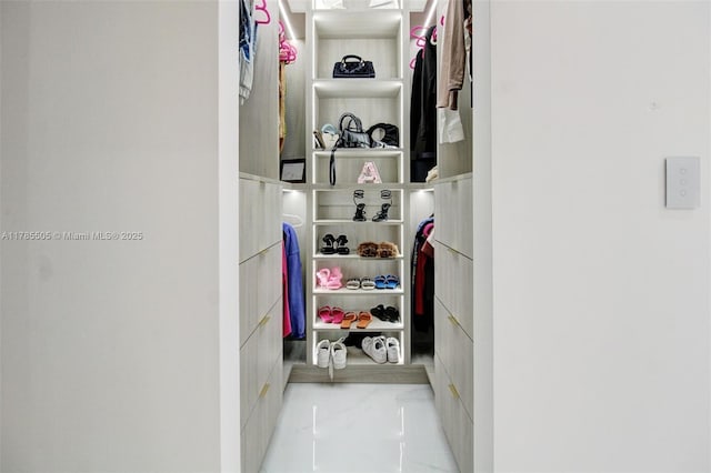 walk in closet featuring marble finish floor