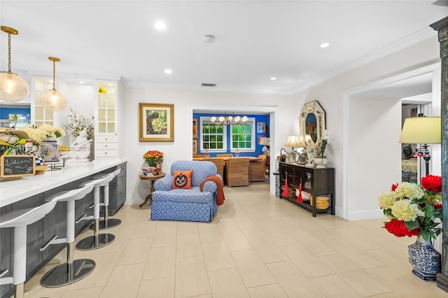 living area with crown molding, baseboards, recessed lighting, and visible vents