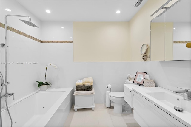 bathroom featuring visible vents, walk in shower, a bathing tub, vanity, and toilet